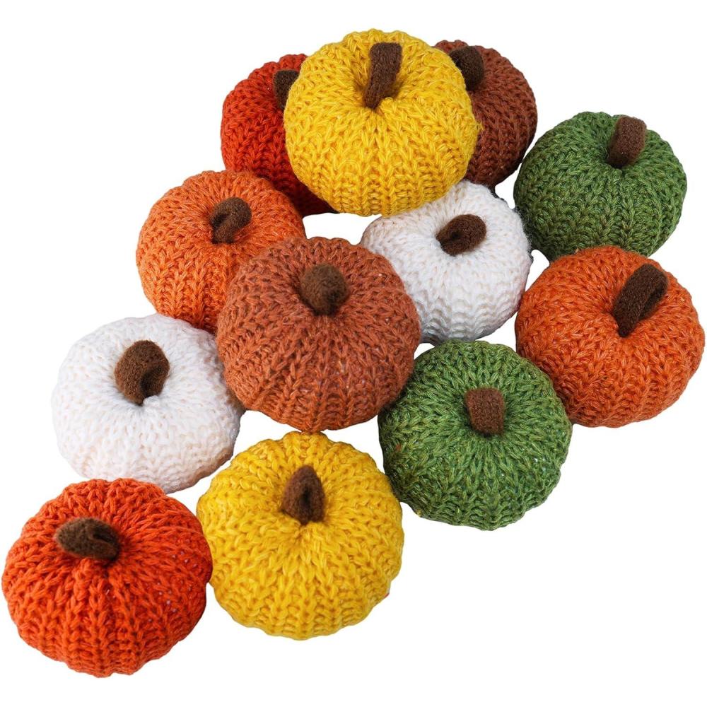 imageWinlyn Set of 12 Faux Fall Harvest Crochet Pumpkins Small Knit Pumpkins in Orange Yellow Green Brown Cream Rustic Farmhouse Pumpkins Foam Pumpkins for Thanksgiving Halloween Autumn Mantel Table DcorRustic Fall Color