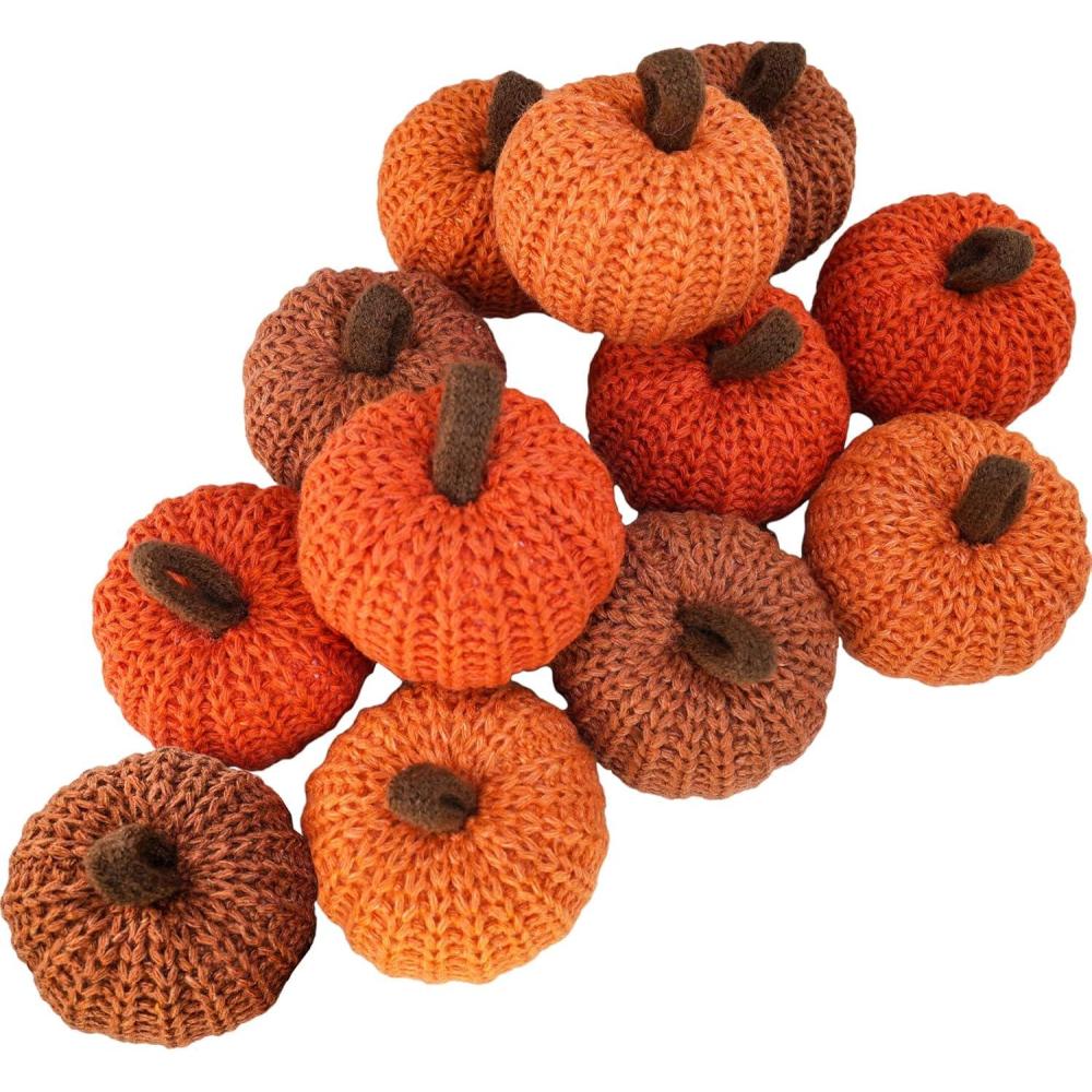 imageWinlyn Set of 12 Faux Fall Harvest Crochet Pumpkins Small Knit Pumpkins in Orange Yellow Green Brown Cream Rustic Farmhouse Pumpkins Foam Pumpkins for Thanksgiving Halloween Autumn Mantel Table DcorOrange and Brown