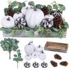 Fall Centerpiece Assorted Artificial Buffalo Check Pumpkins Pine Cones Eucalyptus Arrangement in Rectangle Wood Box for Farmhouse Autumn Harvest Thanksgiving Wedding Table Centerpiece Kitchen Décor