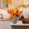Winlyn 1 Pc Fall Farmhouse Centerpiece Rustic Metal Milk Jug Fall Arrangement Autumn Harvest Orange Artificial Pumpkin Pinecone Sunflower Berry Maple Leaf Centerpiece for Thankgiving Table Decoration