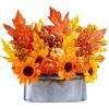 Winlyn 10″ Fall Floral Arrangement in Galvanized Metal Oval Planter Artificial Autumn Harvest Maple Leaf Floral Stems Faux Potted Plants Table Centerpiece for Farmhouse Wedding Home Mantel Décor