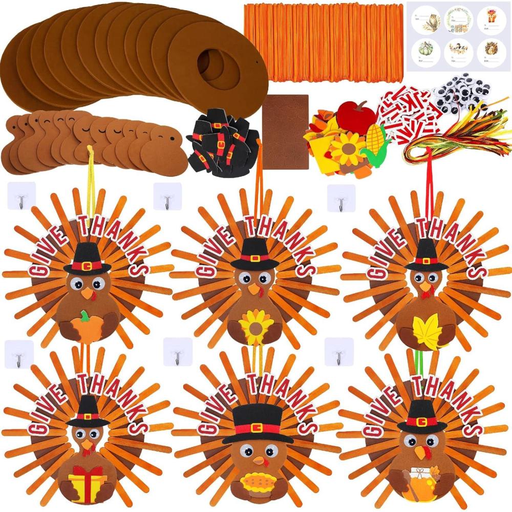 imageWinlyn 12 Sets Thanksgiving Wreath Signs Decorations Art Sets DIY Give Thanks Thanksgiving Craft Kits Fall Crafts Wood Craft Sticks Turkey Foam Stickers Googly Eyes for Kids Party Classroom Activities