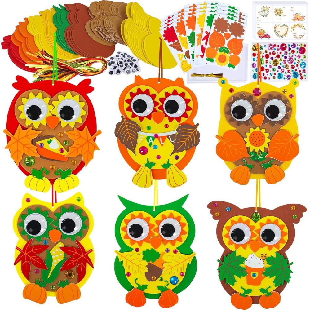 imageWinlyn 24 Sets Fall Craft Kits Autumn Crafts DIY Fall Owl Ornaments Decorations Art Sets Maple Leaves Pumpkin Foam Stickers Arts and Crafts for Kids Classroom Activities Holiday Harvest Party Favors