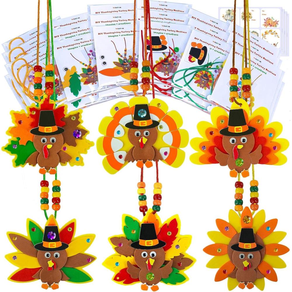 imageWinlyn 24 Sets Fall Craft Kits DIY Thanksgiving Turkey Necklaces Art Sets Autumn Maple Leaves Turkey Feathers Foam Thanksgiving Stickers for Kids Harvest Home Classroom Activities Party Favors