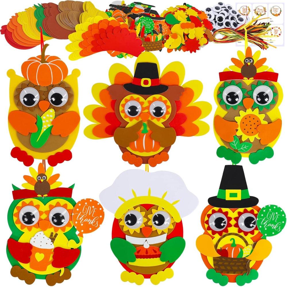 imageWinlyn 24 Sets Thanksgiving Owl Ornaments Decorations Art Sets DIY Thanksgiving Craft Kits Fall Crafts Pumpkin Sunflower Turkey Foam Stickers Arts and Crafts Googly Eyes for Kids Classroom Activities