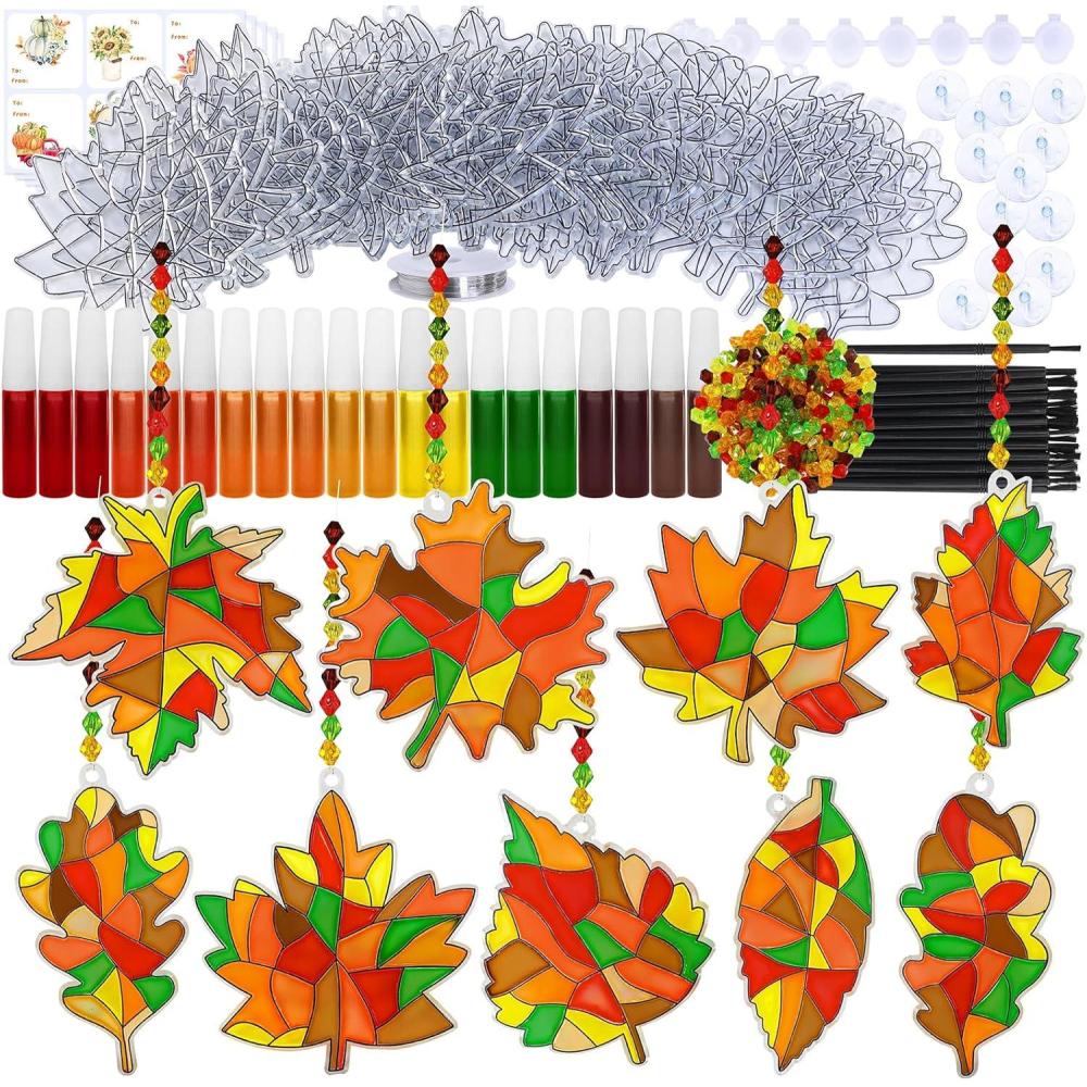 imageWinlyn 27 Sets Fall Leaf Suncatchers Ornaments DIY Window Paint Art Fall Craft Kits Maple Leaf Sun Catchers Painting Kits for Kids Classroom Activities Art Project Thanksgiving Autumn Party Decoration