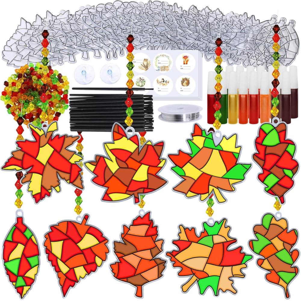 imageWinlyn 27 Sets Fall Leaf Suncatchers Ornaments Decorations DIY Window Paint Art Suncatchers Craft Kits Autumn Maple Leaf Sun Catchers for Kids Classroom Thanksgiving Harvest Party Activity Art Project