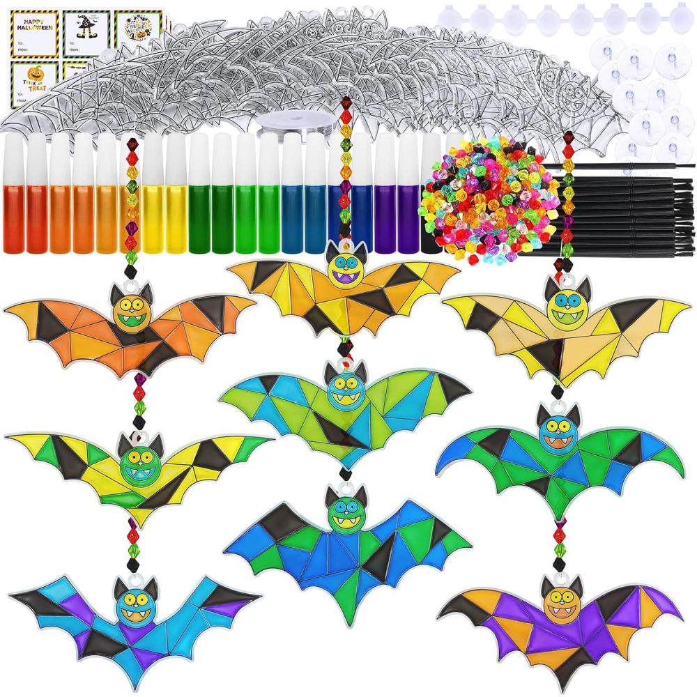 imageWinlyn 27 Sets Halloween Craft Kits Halloween Bat Suncatchers Ornaments Decorations DIY Window Paint Art Suncatchers Bat Suncatchers Painting Kits for Kids Halloween Classroom Activities Art Projects