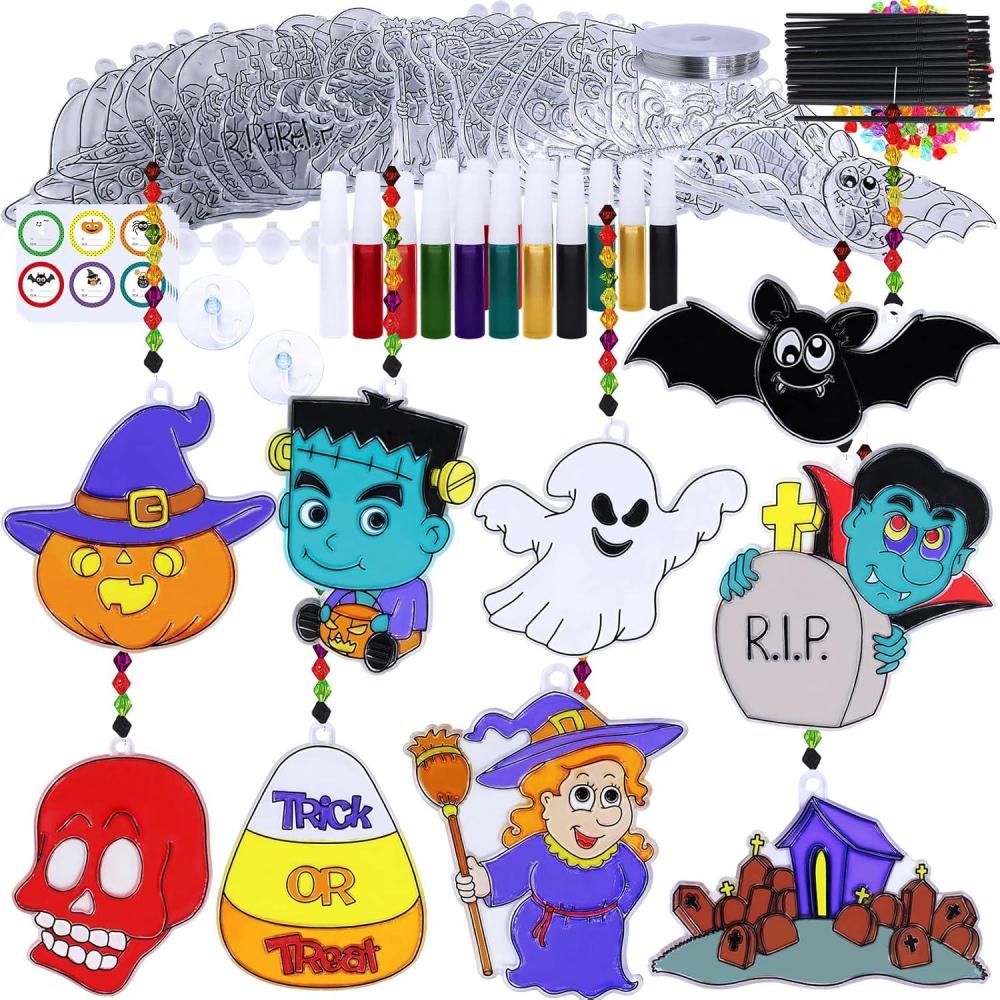 imageWinlyn 27 Sets Halloween Suncatchers Ornaments Decorations DIY Window Paint Art Suncatchers Halloween Craft Kits JackOLantern Bat Ghost Skull Sun Catchers for Kids Classroom Activities Art Project