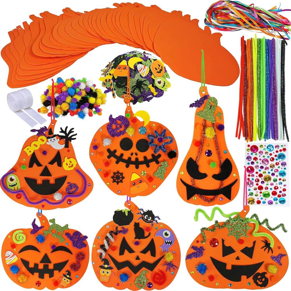 imageWinlyn 30 Kits Fall Halloween Pumpkin Decorations DIY Pumpkin Craft Kits Foam Pumpkin Shapes with Halloween Stickers JackOLantern Face Stickers for Kids Gift Favors Art Project Classroom Activity