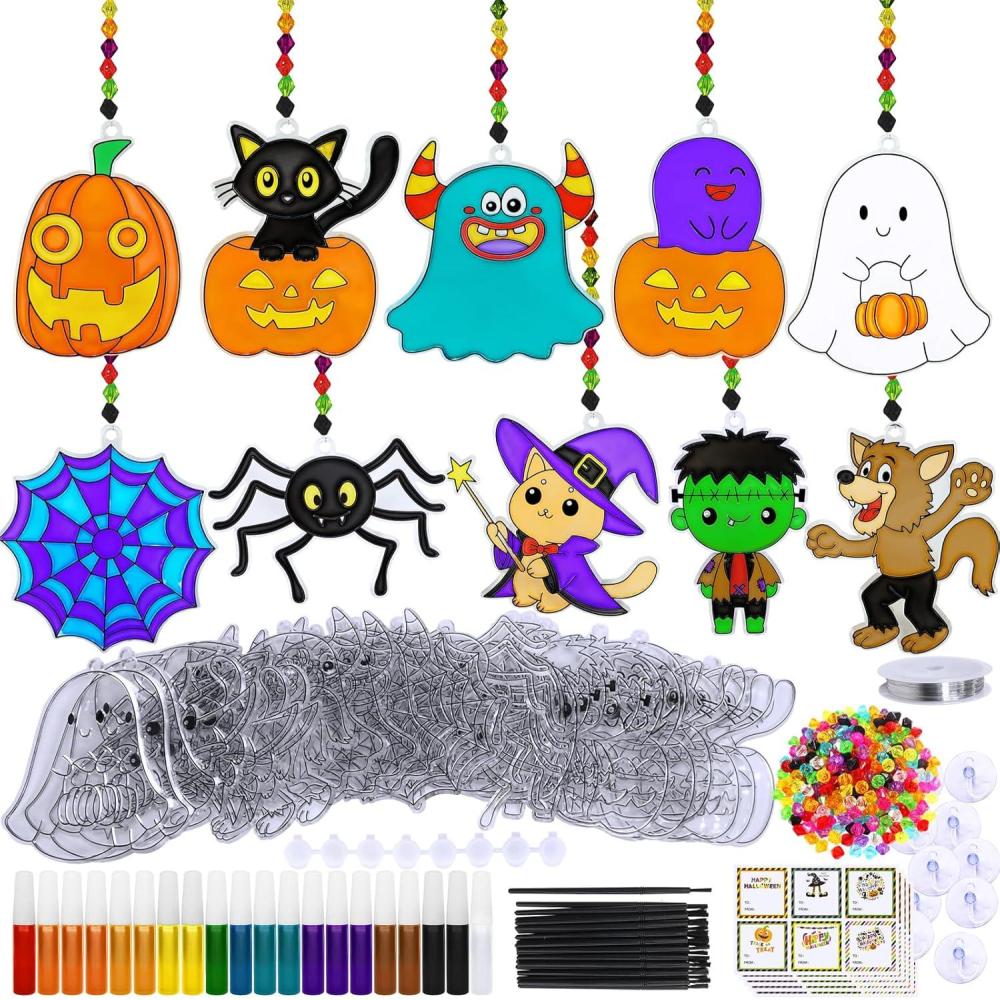 imageWinlyn 30 Sets Halloween Suncatchers Ornaments Decorations DIY Window Paint Art Suncatchers Halloween Craft Kits JackOLantern Ghost Spider Sun Catchers for Kids Classroom Activities Art Project
