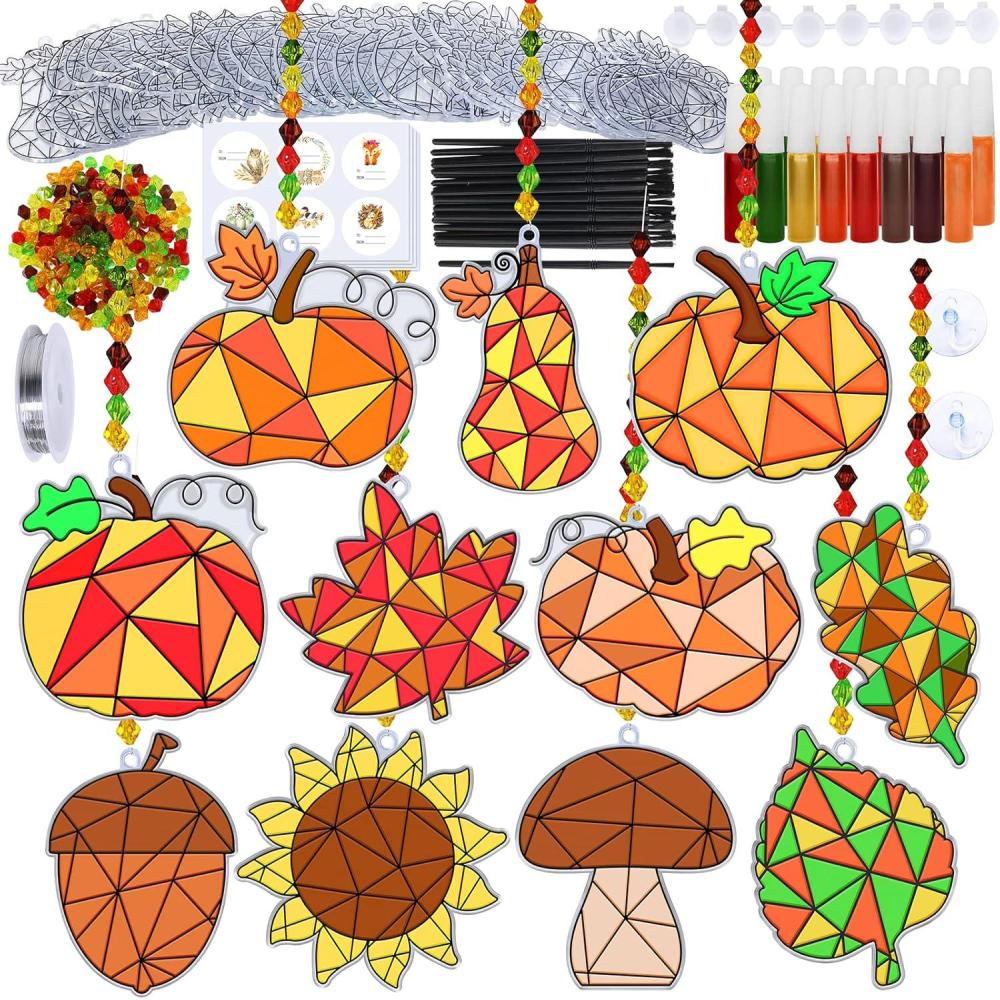 imageWinlyn 33 Sets Fall Leaf Pumpkin Acorn Sunflower Suncatchers Ornaments Decorations DIY Window Paint Art Suncatchers Craft Kits Autumn Sun Catchers for Kids Classroom Activity Thanksgiving Art Project