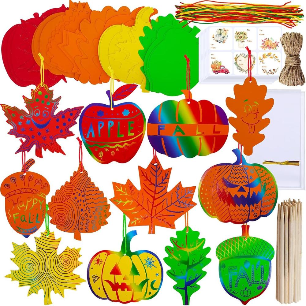 imageWinlyn 48 Sets Colorful Magic Color Scratch Fall Ornaments Autumn Scratch Art Maple Leaf Oak Leaf Pumpkin Apple Acorn Fall Craft Kits for Kids Classroom Activities Halloween Harvest Party Decorations