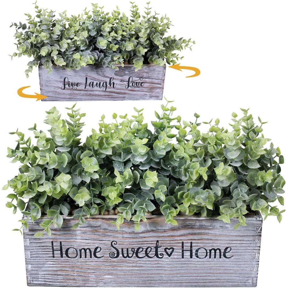 image1 Pcs Wooden Potted Eucalyptus Plant Greenery Arrangement Artificial Eucalyptus Plant in Rectangular Wood Planter Box for Rustic Farmhouse Indoor Centerpiece Tabletop Window Sills Kitchen Shelf Decor