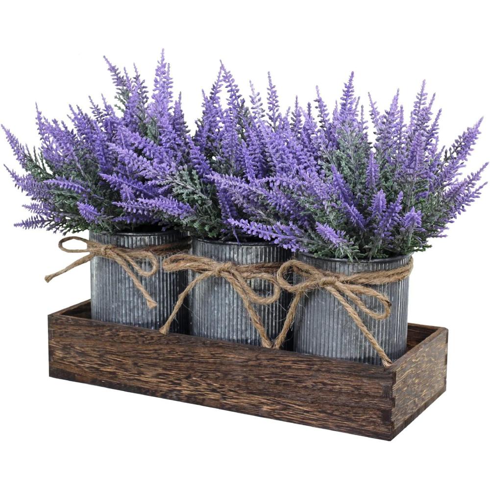 imageSet of 3 Small Potted Plants Arrangement Artificial Lavender Flower Plants in Rustic Galvanized Metal Pots with Decorative Wood Tray for Farmhouse Table Centerpiece Windowsill Country Indoor Decor