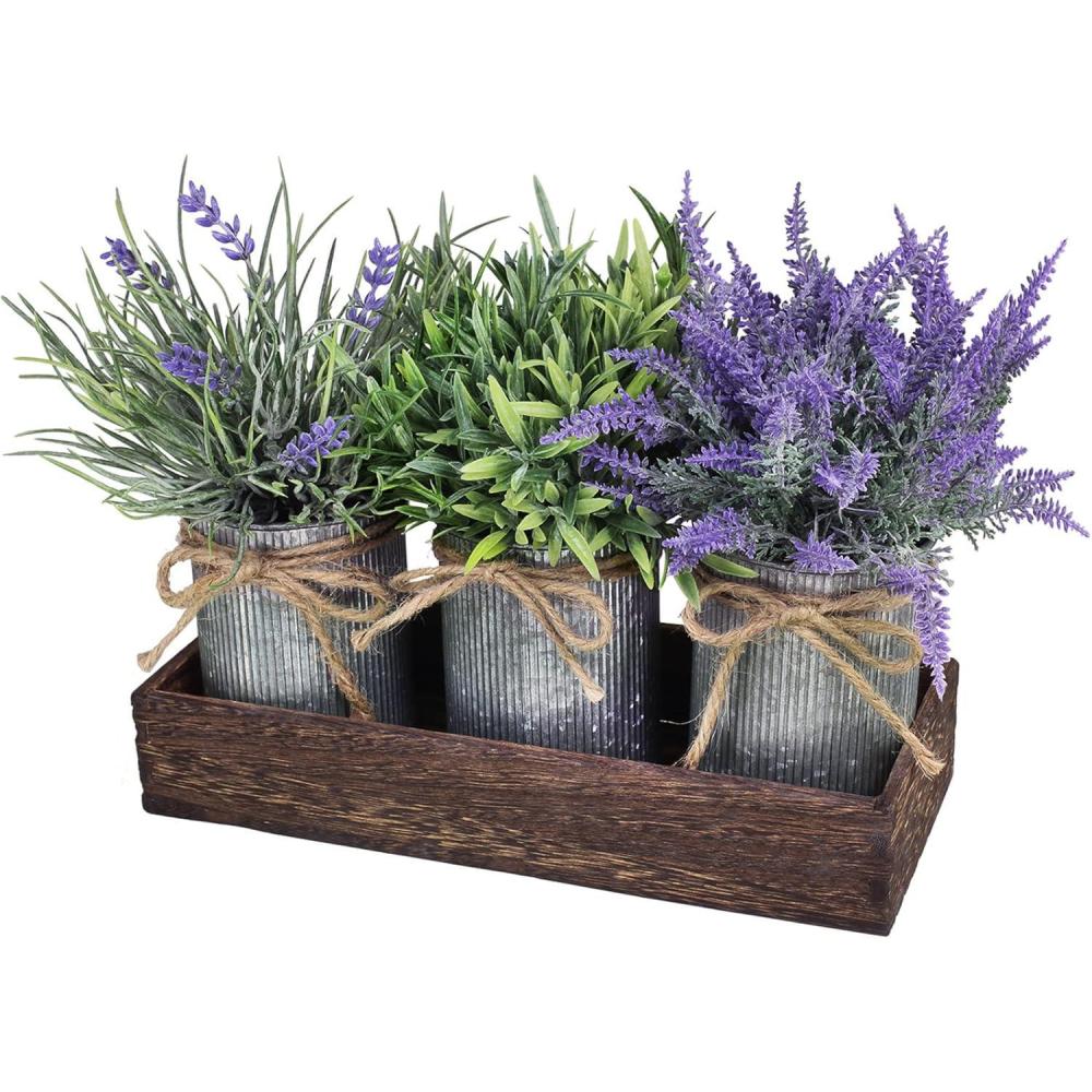 imageSet of 3 Small Potted Plants Arrangement Artificial Lavender and Grass Plants in Rustic Galvanized Metal Pots with Decorative Wood Tray for Farmhouse Table Centerpiece Windowsill Indoor Greenery Decor