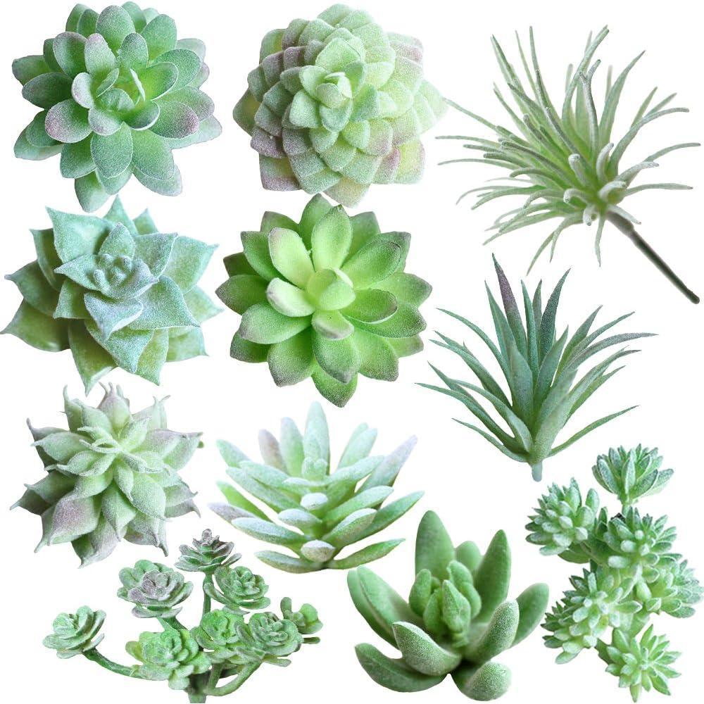 imageSupla 11 Pcs Mini Artificial Succulents Picks Unpotted Faux Succulent Assortment in Flocked Green in Different Type Different Size Succulents Echeveria Agave Floral Arrangement Mother Day s Gift