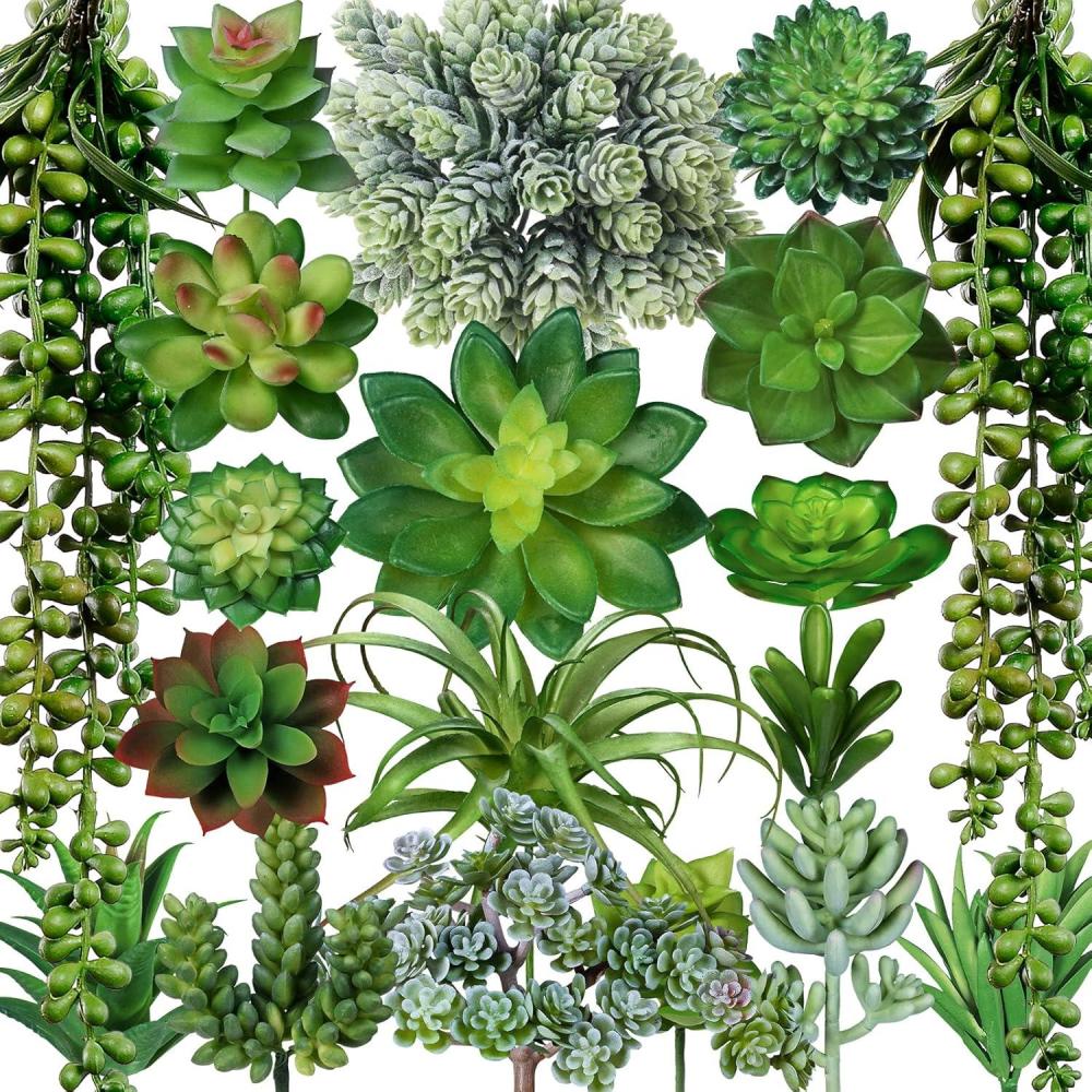 imageWinlyn 19 Pcs Assorted Artificial Succulents Plants Unpotted Small Green Aloe Hops Cactus String of Pearls Picks Fake Succulents Bulk for Succulent Garden Floral Arrangement Indoor Outdoor Home Decor