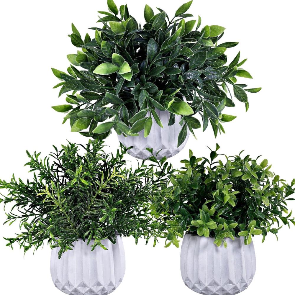 imageWinlyn 3 Pcs Faux Potted Plants Set  Artificial Eucalyptus Rosemary Boxwood Greenery in Small White Geometric Planters for Indoor Outdoor Desk Table Centerpiece Shelf Windowsill Home Office Decor