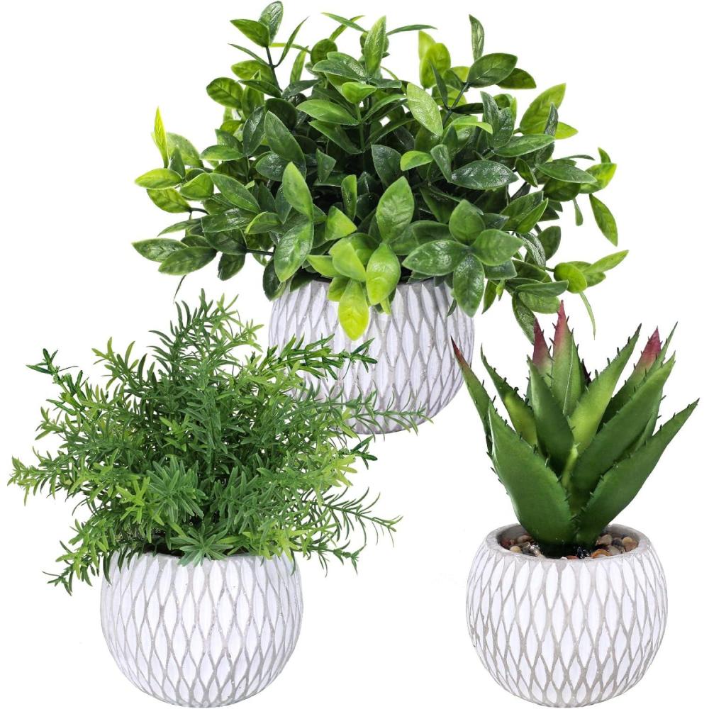imageWinlyn 3 Pcs Small Potted Plants Artificial Eucalyptus Rosemary Plants and Aloe Succulent Plant in Gray Geometric Cement Pots for Gifts Table Windowsill Shelf Home Bathroom Indoor Outdoor Green Decor