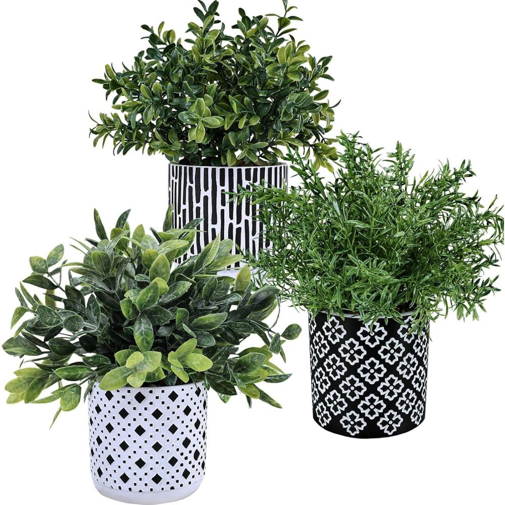 imageWinlyn 3Pack Artificial Potted Plants  Faux Eucalyptus Rosemary Boxwood Greenery in Small Black ampamp White Geometric Concrete Pots Desk Table Shelf Windowsill Decor for Indoor Outdoor Home Office