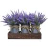 Set of 3 Small Potted Plants Arrangement Artificial Lavender Flower Plants in Rustic Galvanized Metal Pots with Decorative Wood Tray for Farmhouse Table Centerpiece Windowsill Country Indoor Decor