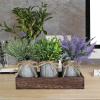 Set of 3 Small Potted Plants Arrangement Artificial Lavender and Grass Plants in Rustic Galvanized Metal Pots with Decorative Wood Tray for Farmhouse Table Centerpiece Windowsill Indoor Greenery Decor