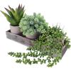 Winlyn Set of 3 Mini Potted Artificial Succulent Arrangement Faux String of Pearls Aloe Hops Succulent Plants in Rustic Decorative Wood Planter for Farmhouse Tabletop Shelves Indoor Greenery Décor
