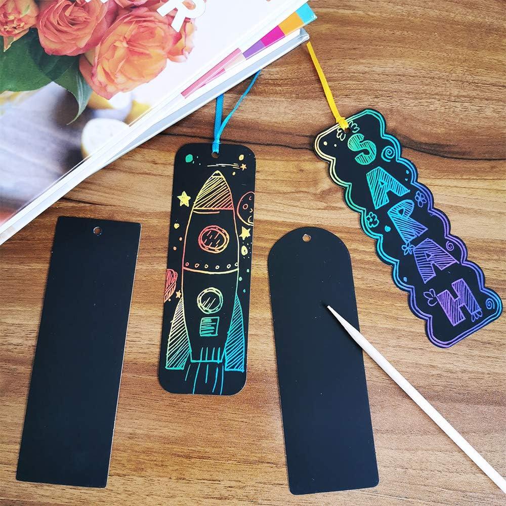 imageSupla 36 Sets 4 Style Magic Scratch Rainbow Bookmarks Making Kit for Kids Students Party Favor Scratch Paper DIY Bookmarks Bulk with Scratching Tools Satin Ribbons for Classroom Activities