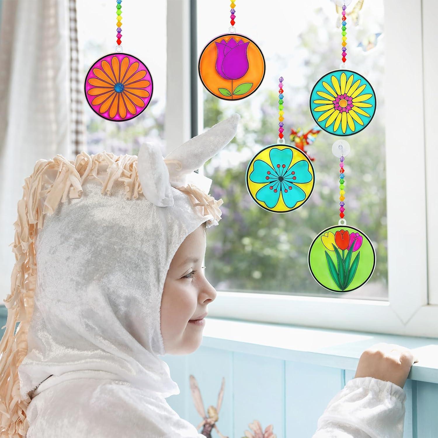 imageWinlyn 24 Set Spring Flower Suncatchers Ornaments Decorations DIY Window Paint Art Kit for Kids Classroom Activities Party Favors