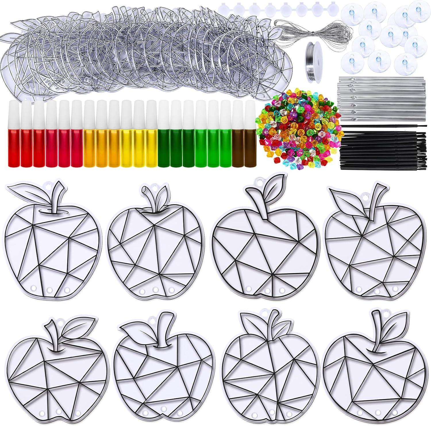 imageWinlyn 24 Sets Apple Suncatchers Wind Chimes Ornaments Decorations DIY Window Paint Art Sun Catchers Rainbow Apple Painting Craft Kits for Kids Summer Camping Party Classroom Activities Art Project