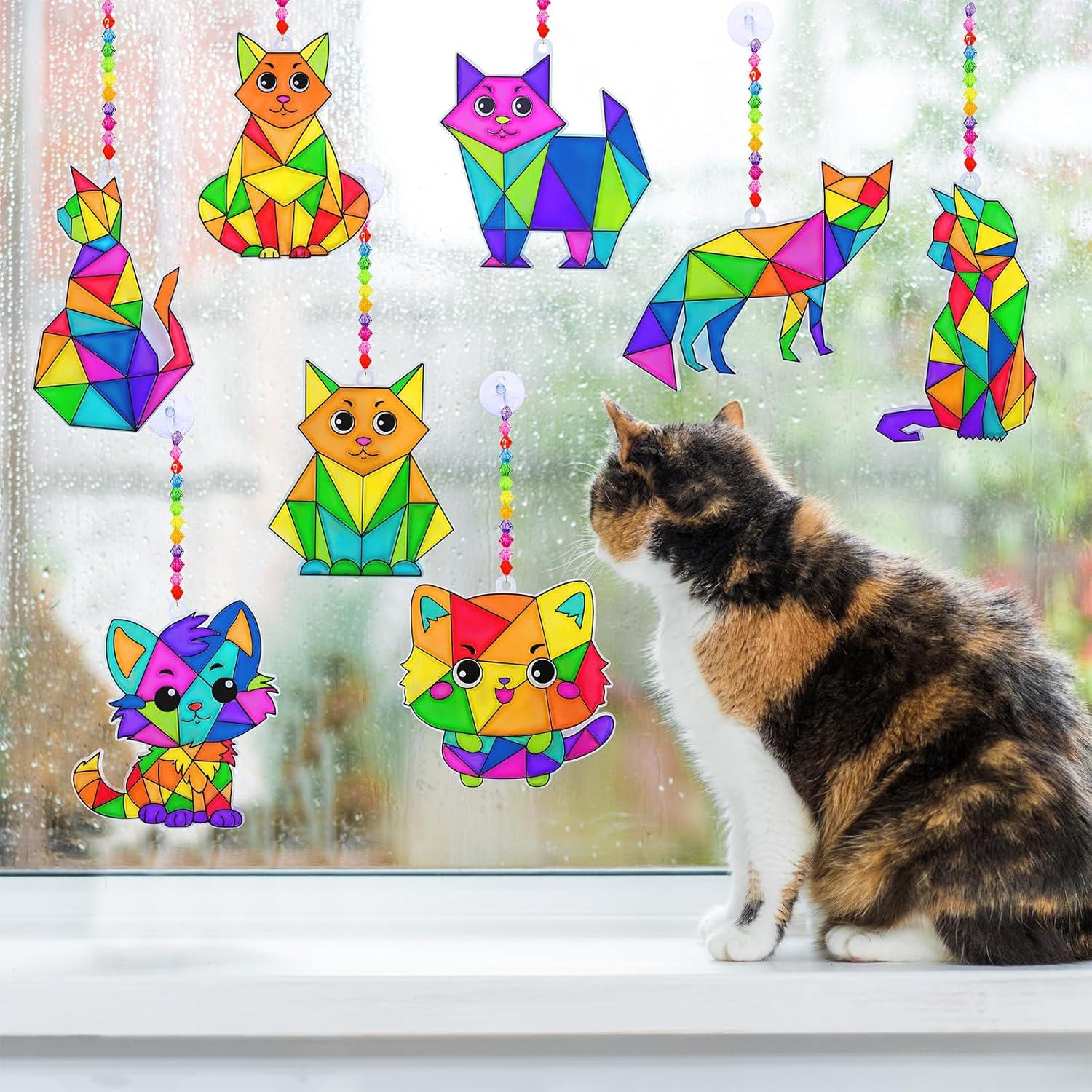 imageWinlyn 24 Sets Cat Suncatcher Ornaments Decorations DIY Window Paint Art Craft Kits Rainbow Kitten Sun Catchers Painting Kit for Kids Classroom Activities Birthday Summer Camping Party Art Project