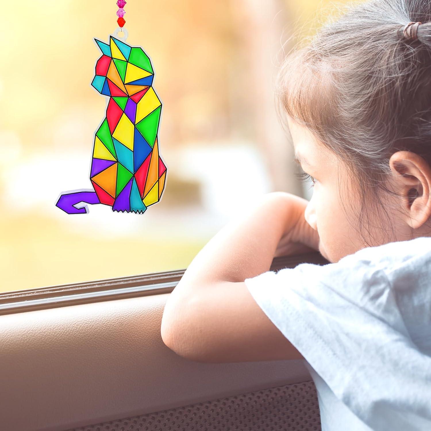 imageWinlyn 24 Sets Cat Suncatcher Ornaments Decorations DIY Window Paint Art Craft Kits Rainbow Kitten Sun Catchers Painting Kit for Kids Classroom Activities Birthday Summer Camping Party Art Project