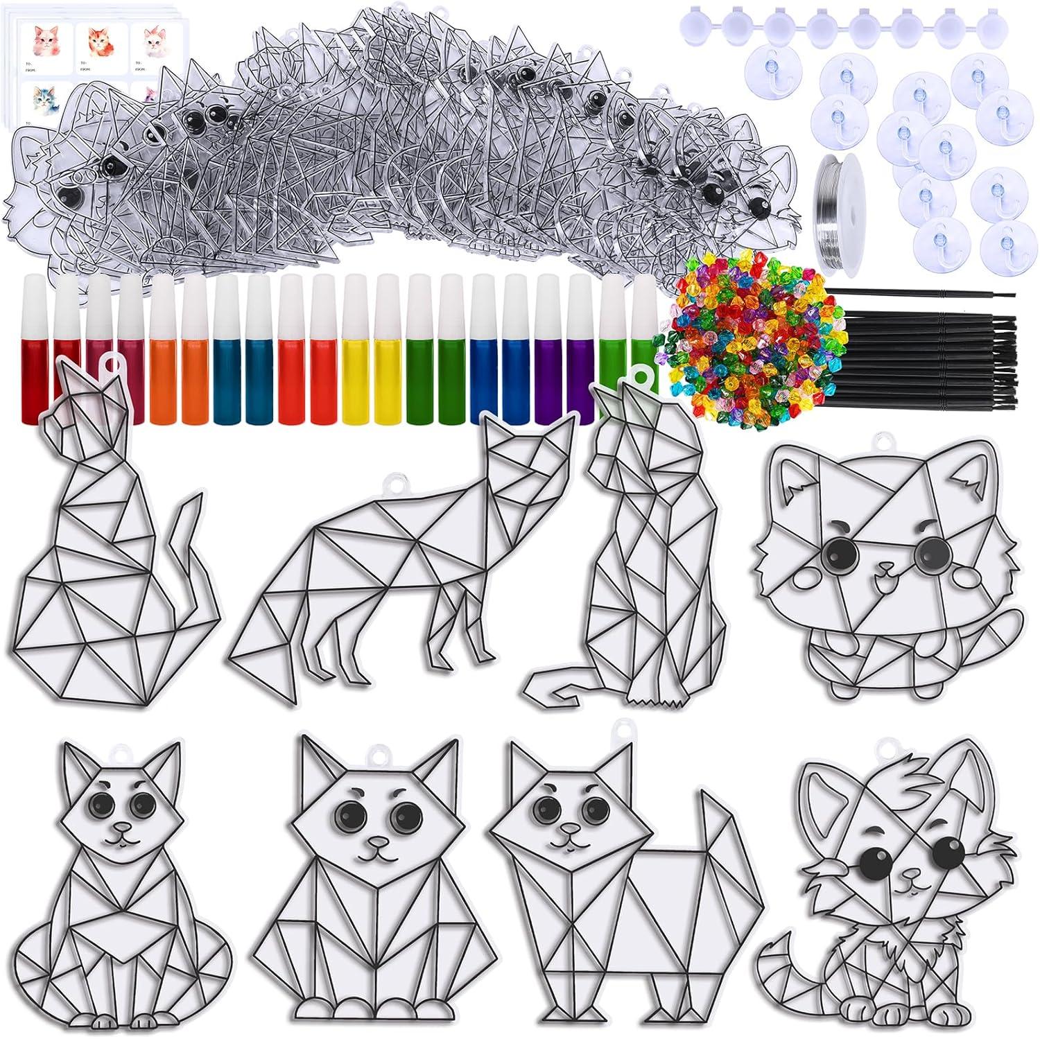 imageWinlyn 24 Sets Cat Suncatcher Ornaments Decorations DIY Window Paint Art Craft Kits Rainbow Kitten Sun Catchers Painting Kit for Kids Classroom Activities Birthday Summer Camping Party Art Project
