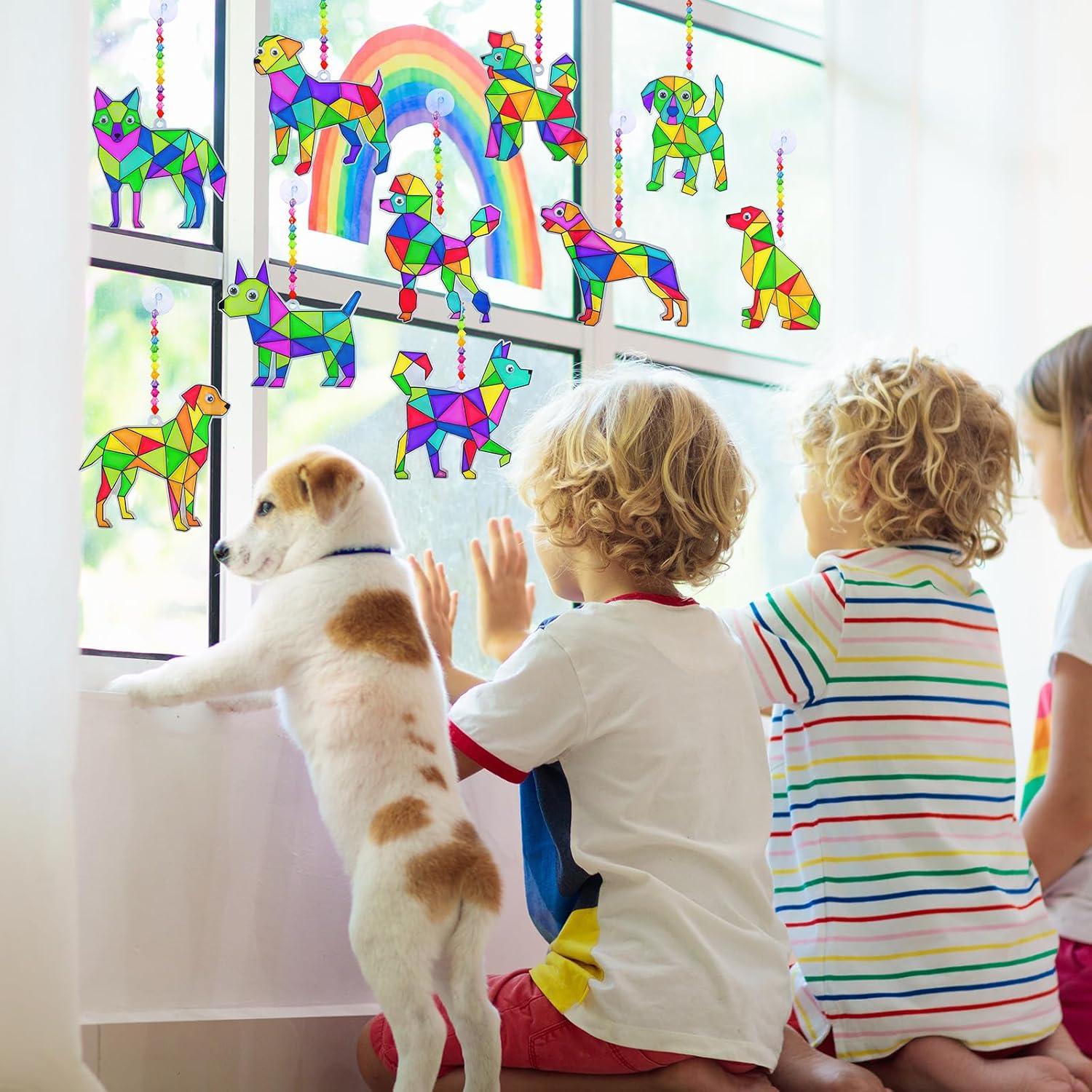 imageWinlyn 24 Sets Dog Suncatcher Decorations DIY Window Paint Art Craft Kits Rainbow Puppy Pet Sun Catcher Painting Kit for Kids Home Classroom School Activities Birthday Summer Camping Party Art Project