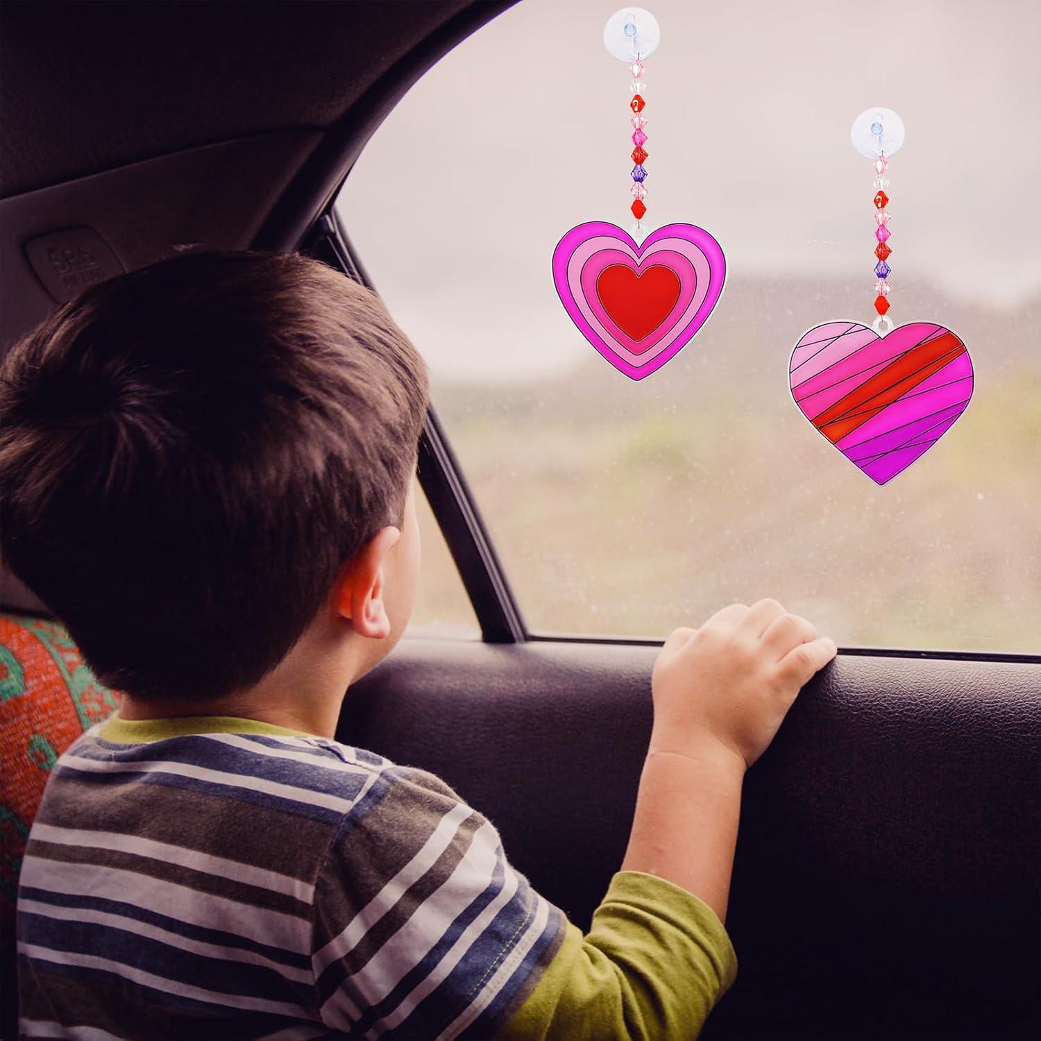 imageWinlyn 24 Sets Heart Suncatchers Ornaments Decorations DIY Window Paint Art Stickers Craft Kits Heart Sun Catchers for Kids Valentines Day Classroom Activities Art Project Party Favors Gift Exchange