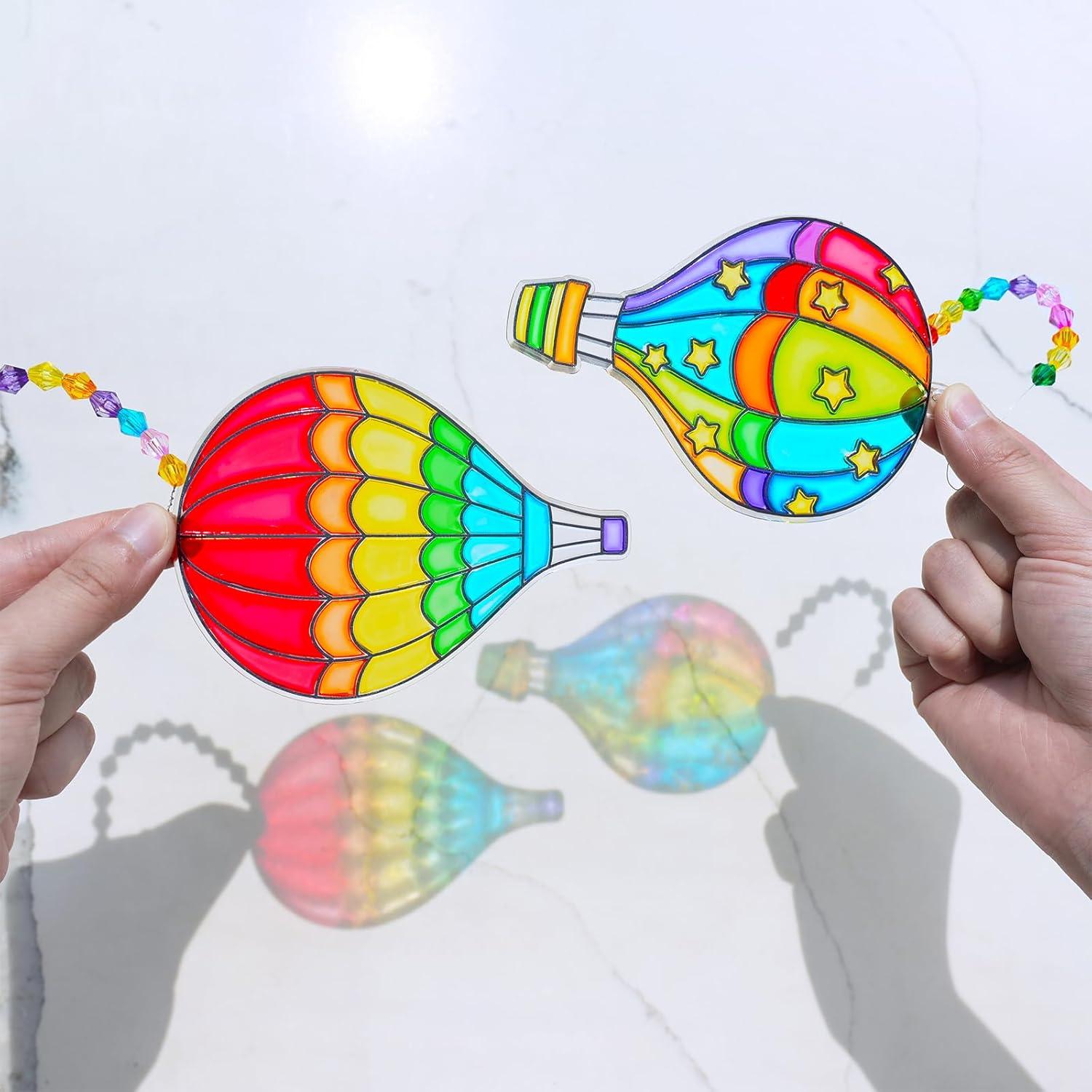 imageWinlyn 24 Sets Hot Air Balloon Suncatchers Decorations DIY Window Paint Art Craft Kits Rainbow Hot Air Balloon Painting Kit for Kids Classroom Activities Birthday Summer Camping Party Art Project