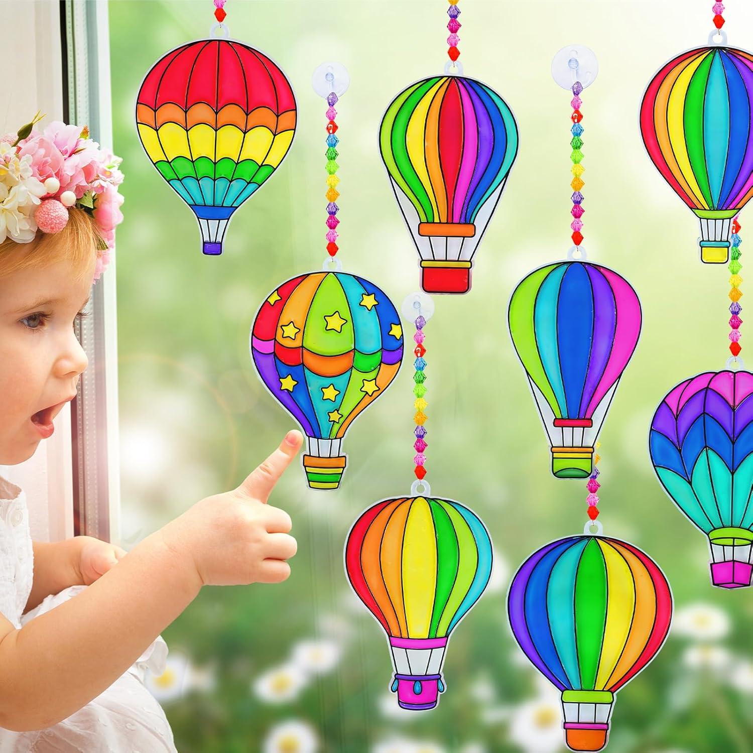 imageWinlyn 24 Sets Hot Air Balloon Suncatchers Decorations DIY Window Paint Art Craft Kits Rainbow Hot Air Balloon Painting Kit for Kids Classroom Activities Birthday Summer Camping Party Art Project