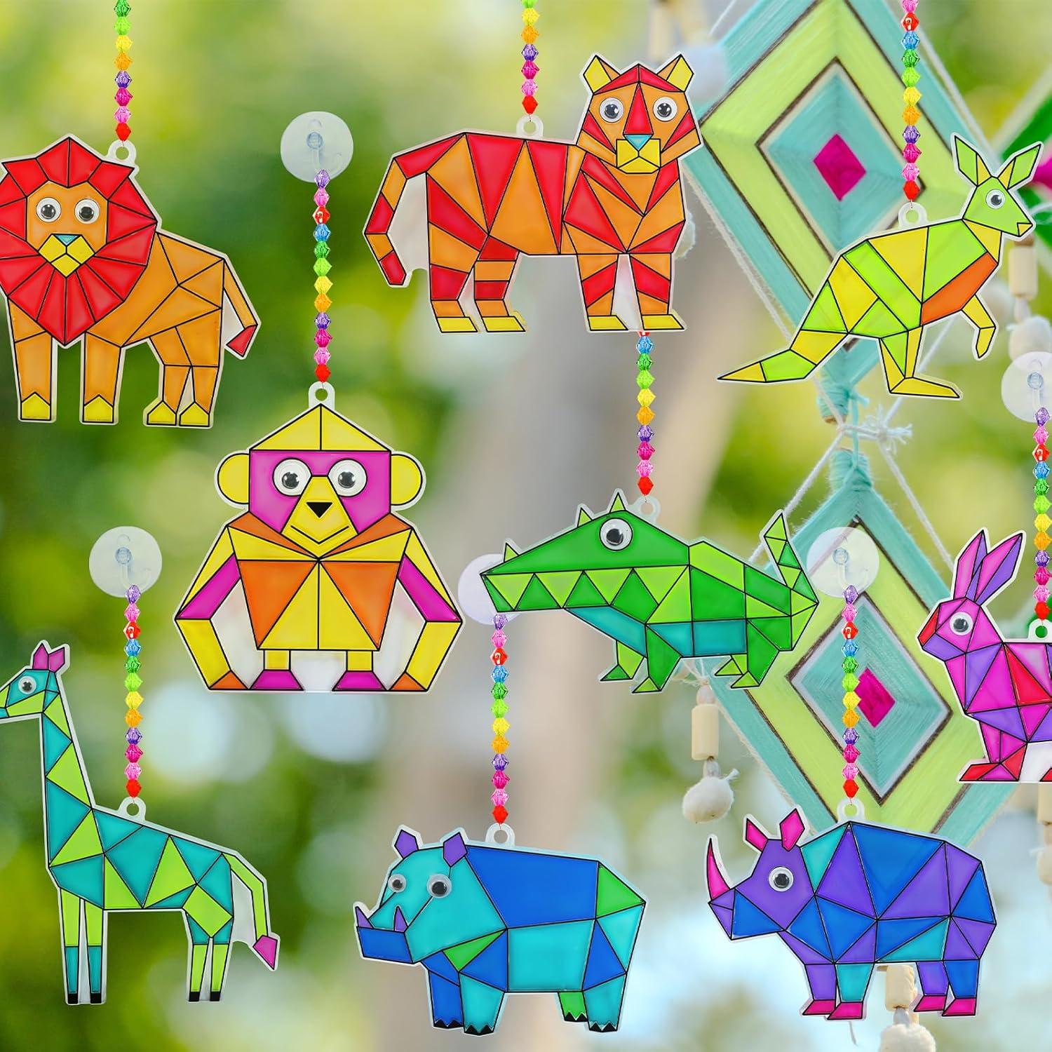imageWinlyn 24 Sets Jungle Animal Suncatcher Decorations DIY Window Paint Art Craft Kits Safari Animal Sun Catchers Rainbow Painting Kit for Kids Classroom Activities Summer Camping VBS Party Art Project