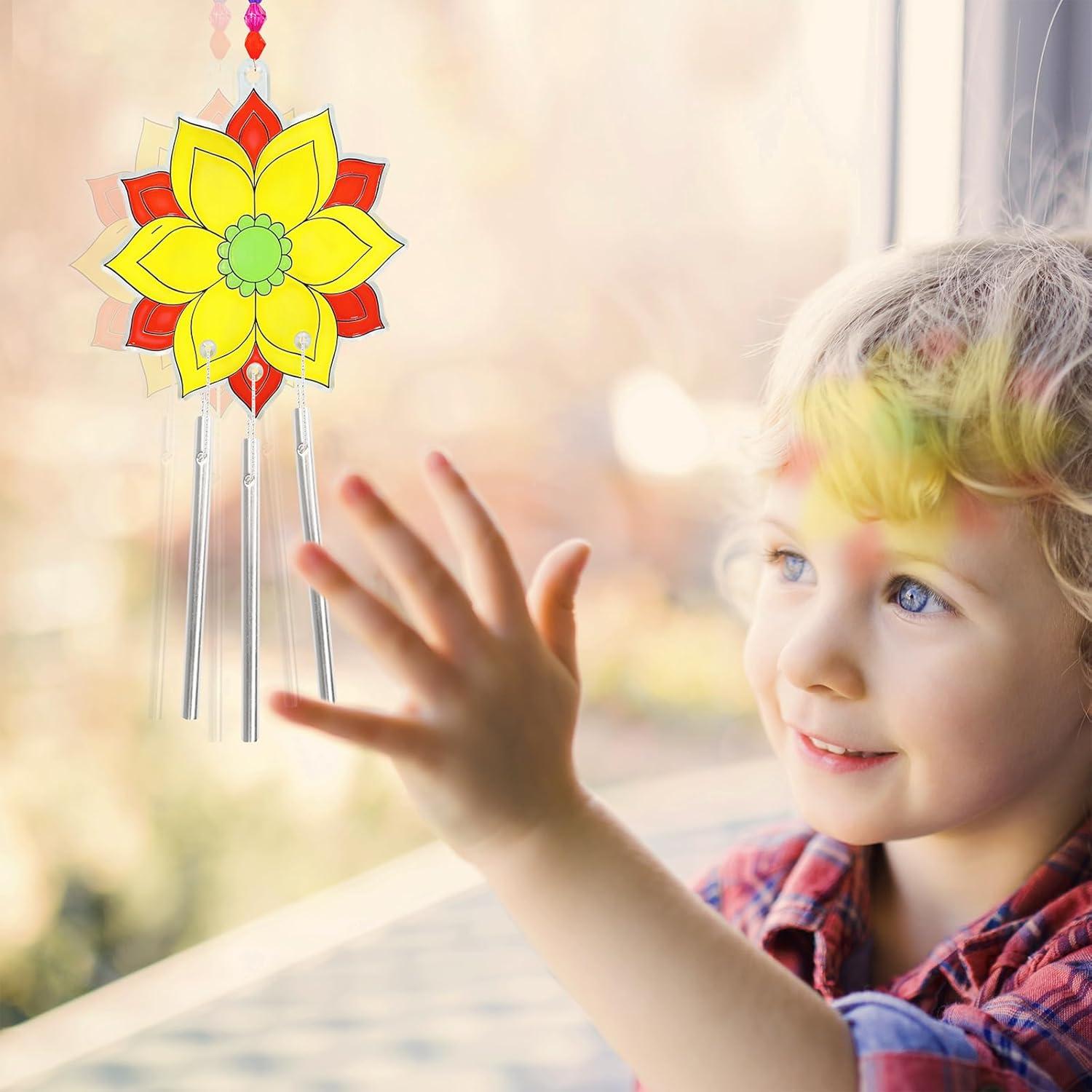 imageWinlyn 24 Sets Lotus Flower Suncatcher Wind Chimes Decorations DIY Window Paint Art Stickers Craft Kits Flower Sun Catchers for Kids Classroom Birthday Spring Summer Party Activities Art Project