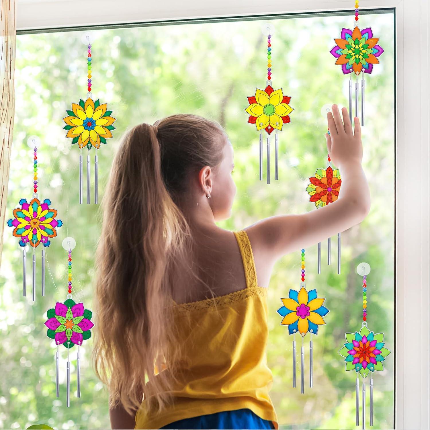 imageWinlyn 24 Sets Lotus Flower Suncatcher Wind Chimes Decorations DIY Window Paint Art Stickers Craft Kits Flower Sun Catchers for Kids Classroom Birthday Spring Summer Party Activities Art Project