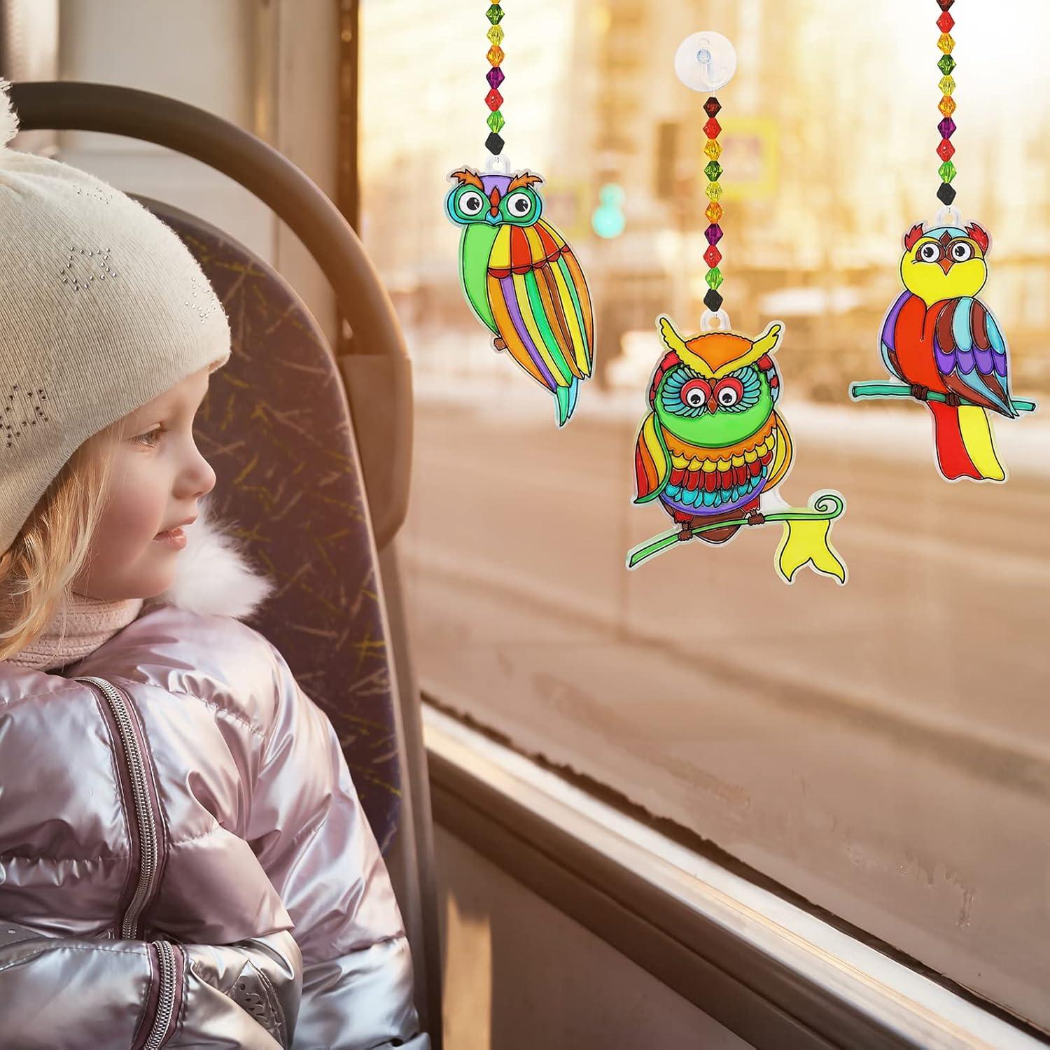 imageWinlyn 24 Sets Owl Suncatchers Ornaments Decorations DIY Window Paint Art Suncatchers Owl Craft Kits Sun Catchers for Kids Home Classroom Winter Holiday Season Fall Christmas Activities Party Favors