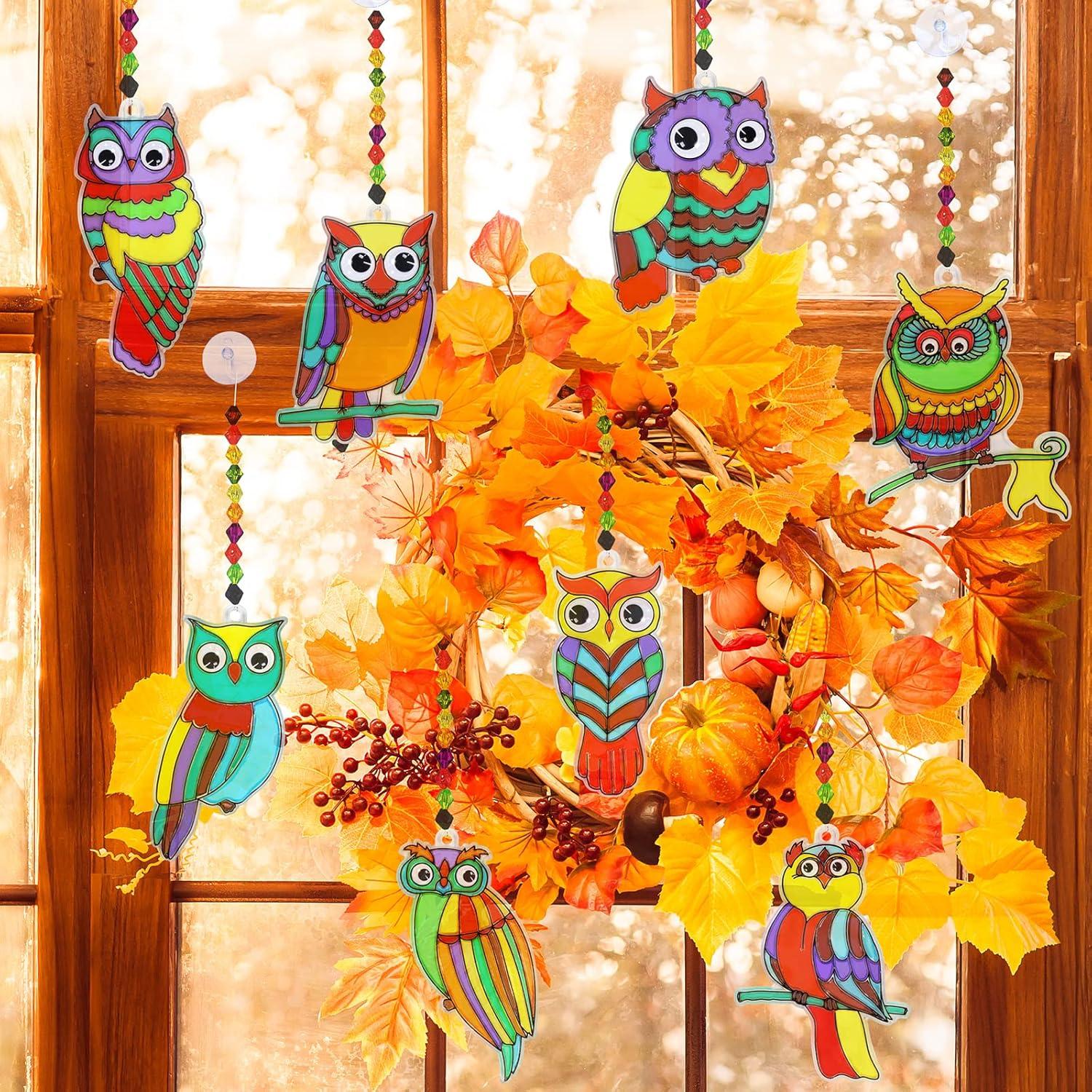 imageWinlyn 24 Sets Owl Suncatchers Ornaments Decorations DIY Window Paint Art Suncatchers Owl Craft Kits Sun Catchers for Kids Home Classroom Winter Holiday Season Fall Christmas Activities Party Favors