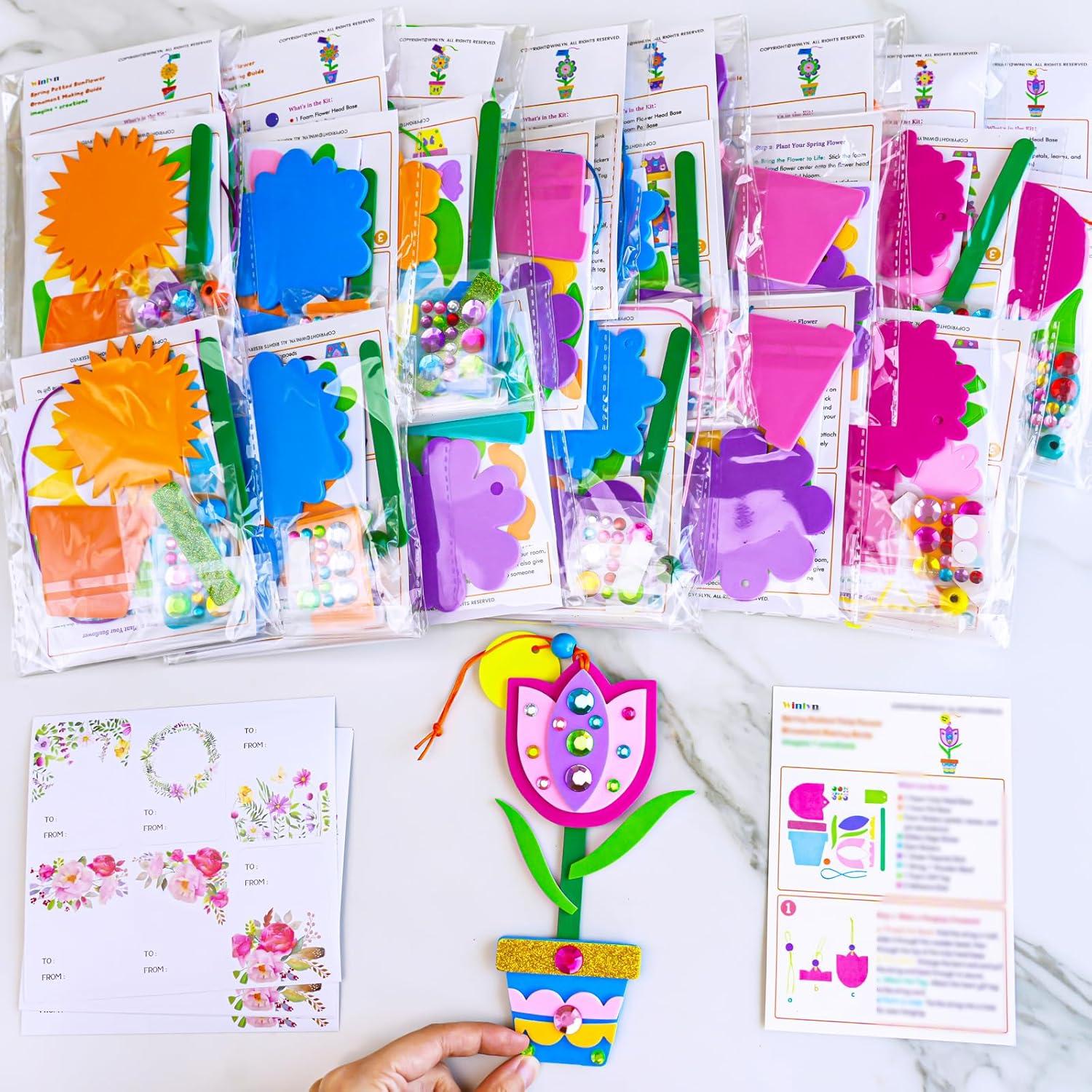 imageWinlyn 24 Sets Potted Flower Craft Kits DIY Potted Flower Ornaments Decorations Tulip Sunflower Foam Stickers Arts and Crafts for Kids Classroom Activities Birthday Spring Summer Camping Party Favors