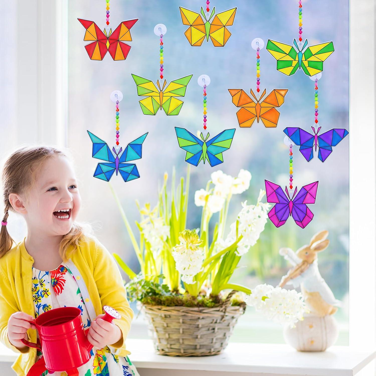 imageWinlyn 27 Sets Butterfly Suncatchers Ornaments Decorations DIY Window Paint Art Craft Kits Rainbow Sun Catchers Painting Kit for Kids Spring Summer Camping Classroom Party Activities Art Project