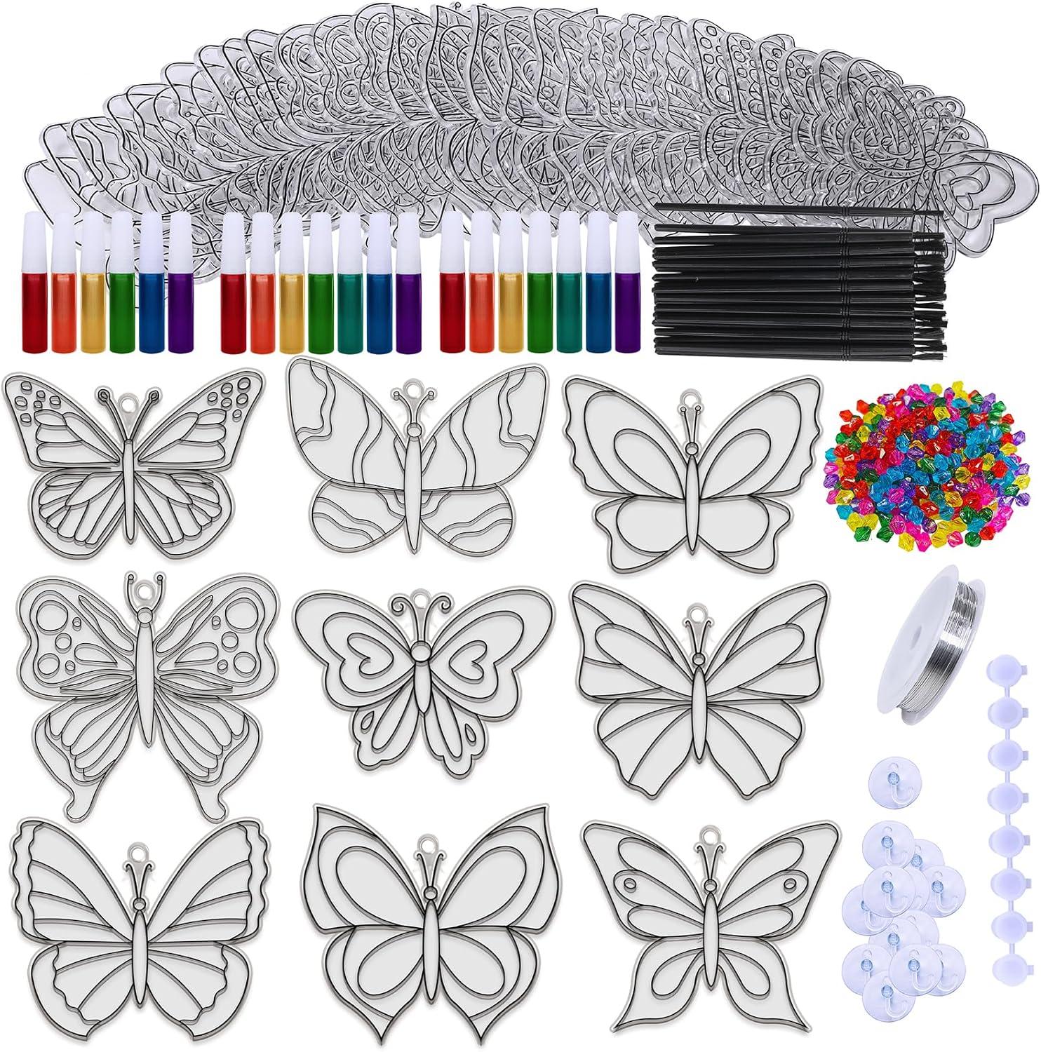 imageWinlyn 27 Sets Butterfly Suncatchers Ornaments Decorations DIY Window Paint Art Sun Catchers Rainbow Butterfly Painting Craft Kits for Kids Spring Summer Camping Party Classroom Activities Art Project