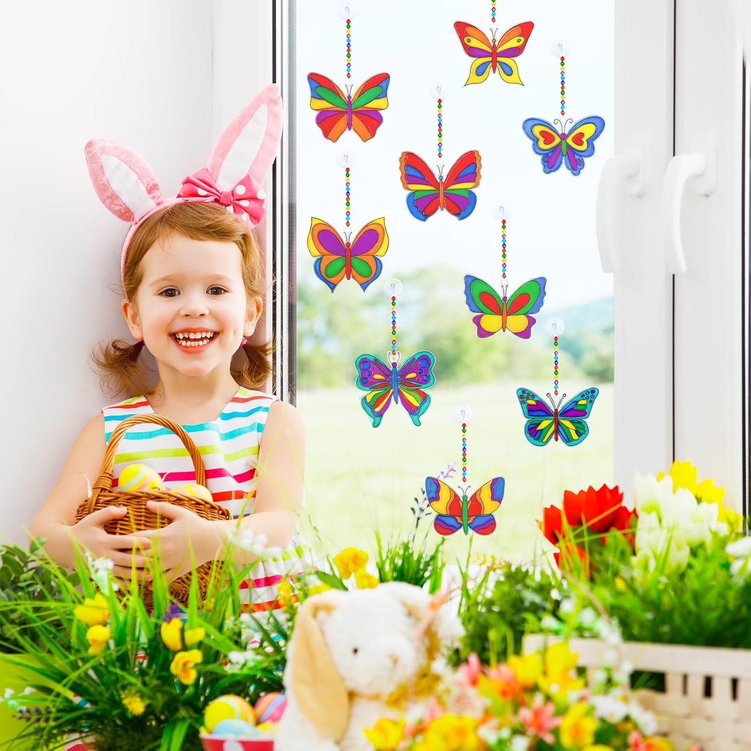 imageWinlyn 27 Sets Butterfly Suncatchers Ornaments Decorations DIY Window Paint Art Sun Catchers Rainbow Butterfly Painting Craft Kits for Kids Spring Summer Camping Party Classroom Activities Art Project