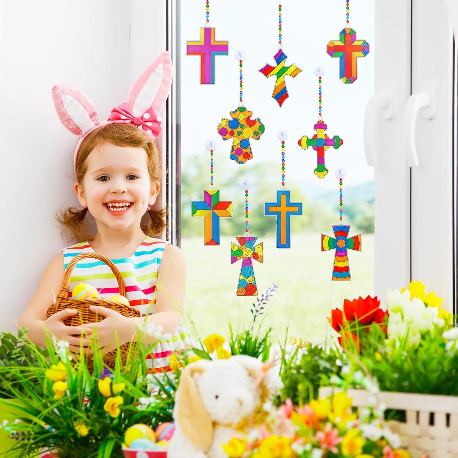 imageWinlyn 27 Sets Cross Suncatchers Ornaments Decorations DIY Window Paint Art Suncatchers Cross Craft Kits Cross Sun Catchers for Kids Sunday School VBS Christmas Easter Holiday Activities Party Favors