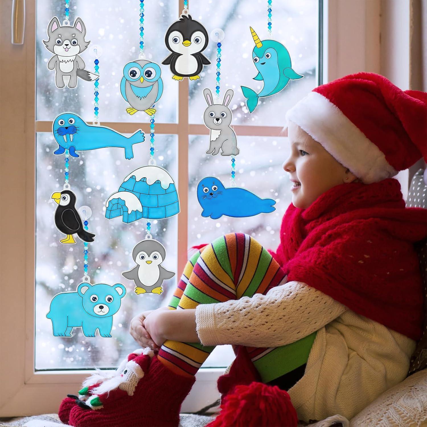 imageWinlyn 33 Sets Winter Polar Animal Suncatchers Ornaments Decorations DIY Window Paint Art Suncatchers Winter Craft Kits Winter Sun Catchers for Kids Christmas Holiday Classroom Activities Art Project