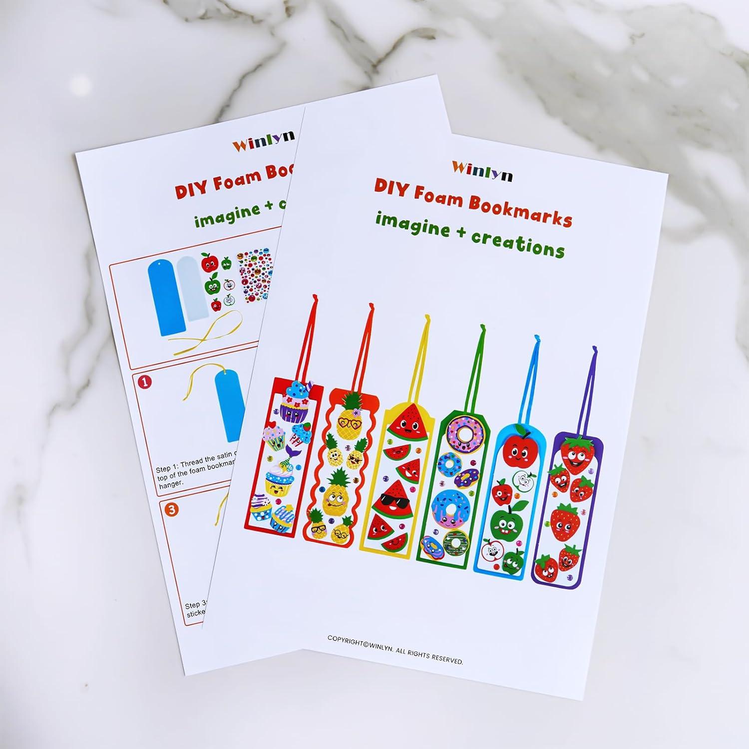 imageWinlyn 36 Sets Fruit Craft Kits Summer Crafts DIY Fruit Dessert Bookmarks Art Sets Apple Pineapple Watermelon Foam Stickers for Kids Teachers Back to School Classroom Activities Rewards Party Favors